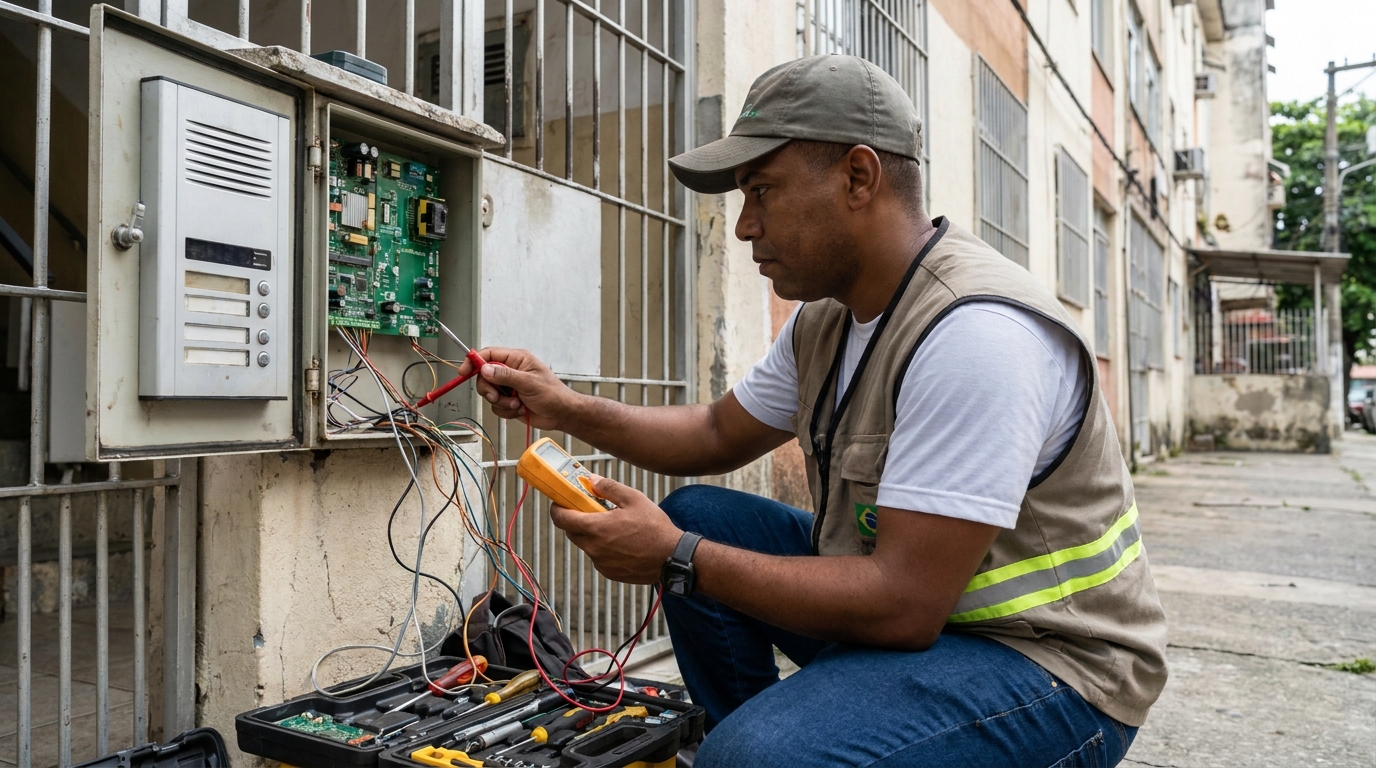 Eletricista consertando interfone em Indaiatuba‑SP
