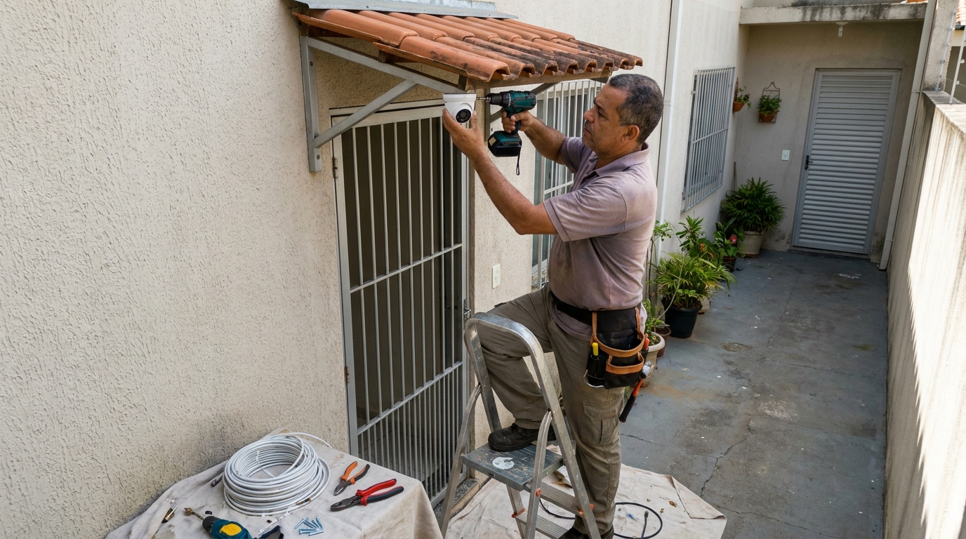 Eletricista instalando cameras de seguranca em Indaiatuba‑SP