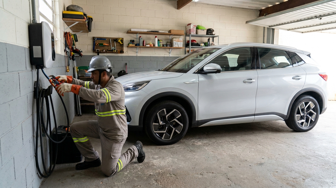 Eletricista instalando carregador de carro eletrico em Indaiatuba‑SP