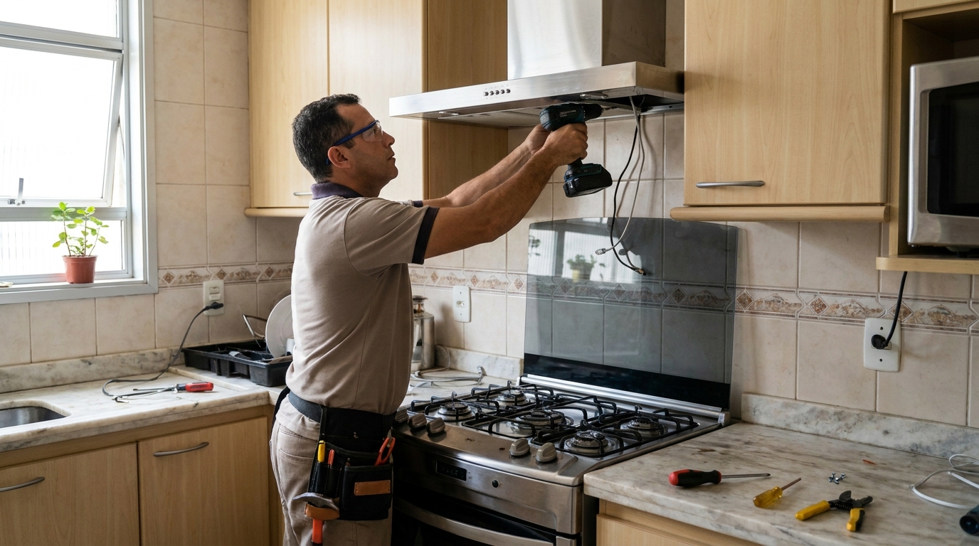 Eletricista instalando coifa em Indaiatuba‑SP