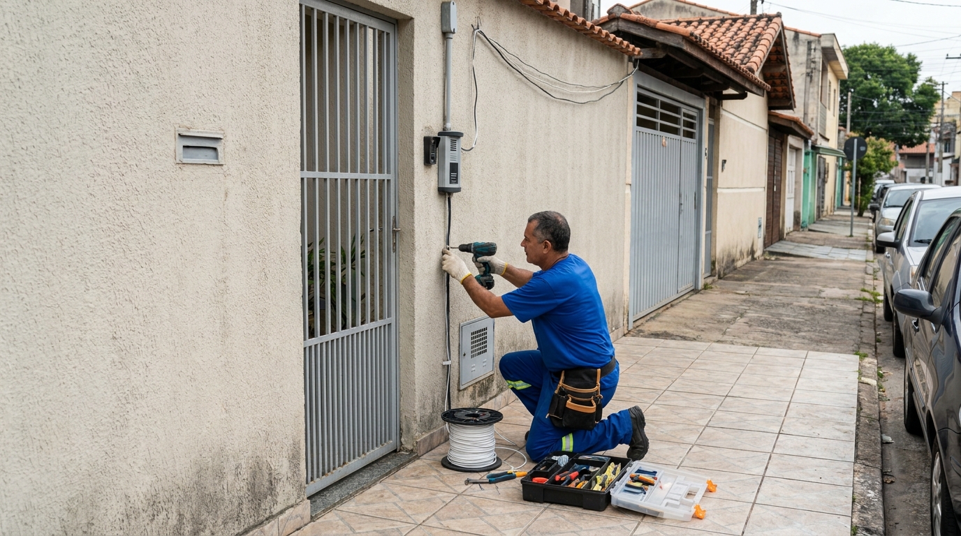 Eletricista instalando interfone em Indaiatuba‑SP