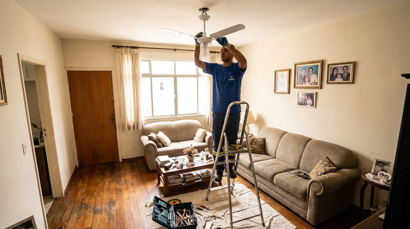 Eletricista instalando ventilador de teto em Indaiatuba‑SP